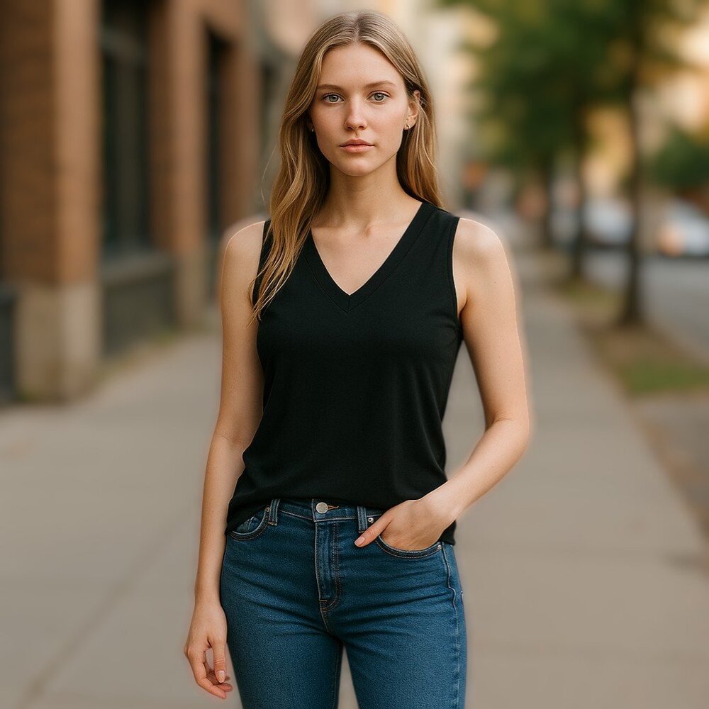 Cleo V Neck Sleeveless Fitted Tank Top Blouse Black Size Extra Small
